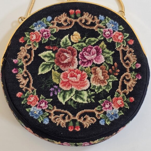 Vintage Floral Petit Point  Purse Round Needlepoint Tapestry Evening Bag Clutch - Picture 13 of 16